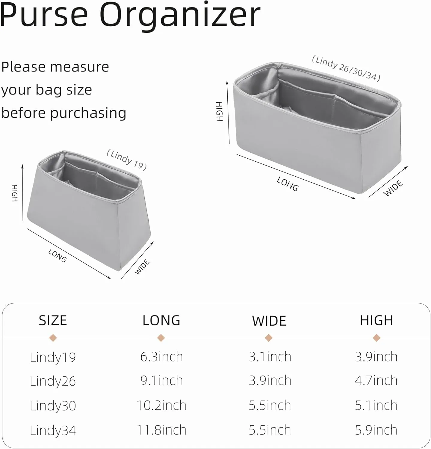 Silk Organizer for Lindy Mini/26/30/34,Soft and Gentle Touch Insert,Maintain Bag Natural Shape,Lightweight Inner Bag（Gris Meyer,Lindy 26）