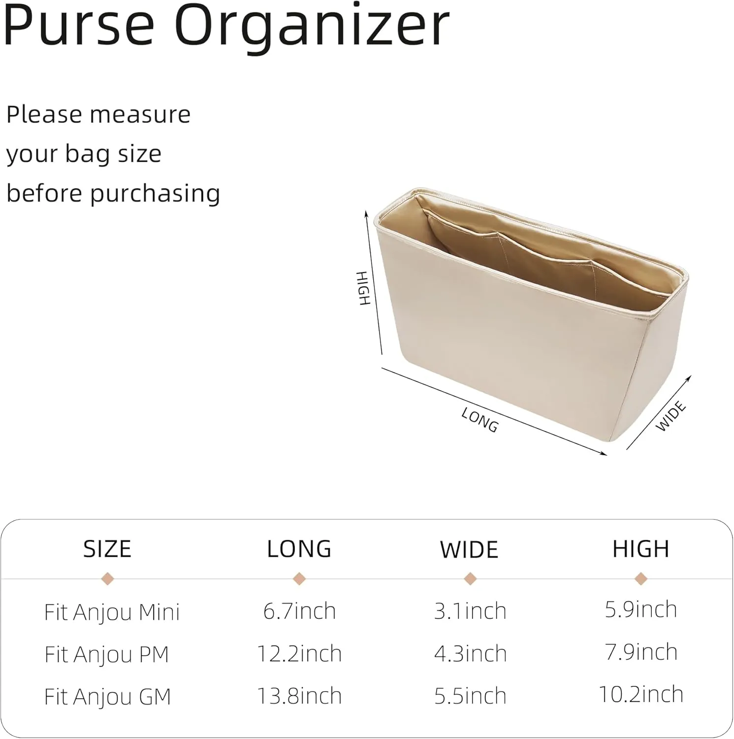 Silk Purse Organizer for Anjou Mini/PM/GM,Insert Bag in Bag,Luxury Handbag Tote Lining Bag Shapers(Mini,Champagne)