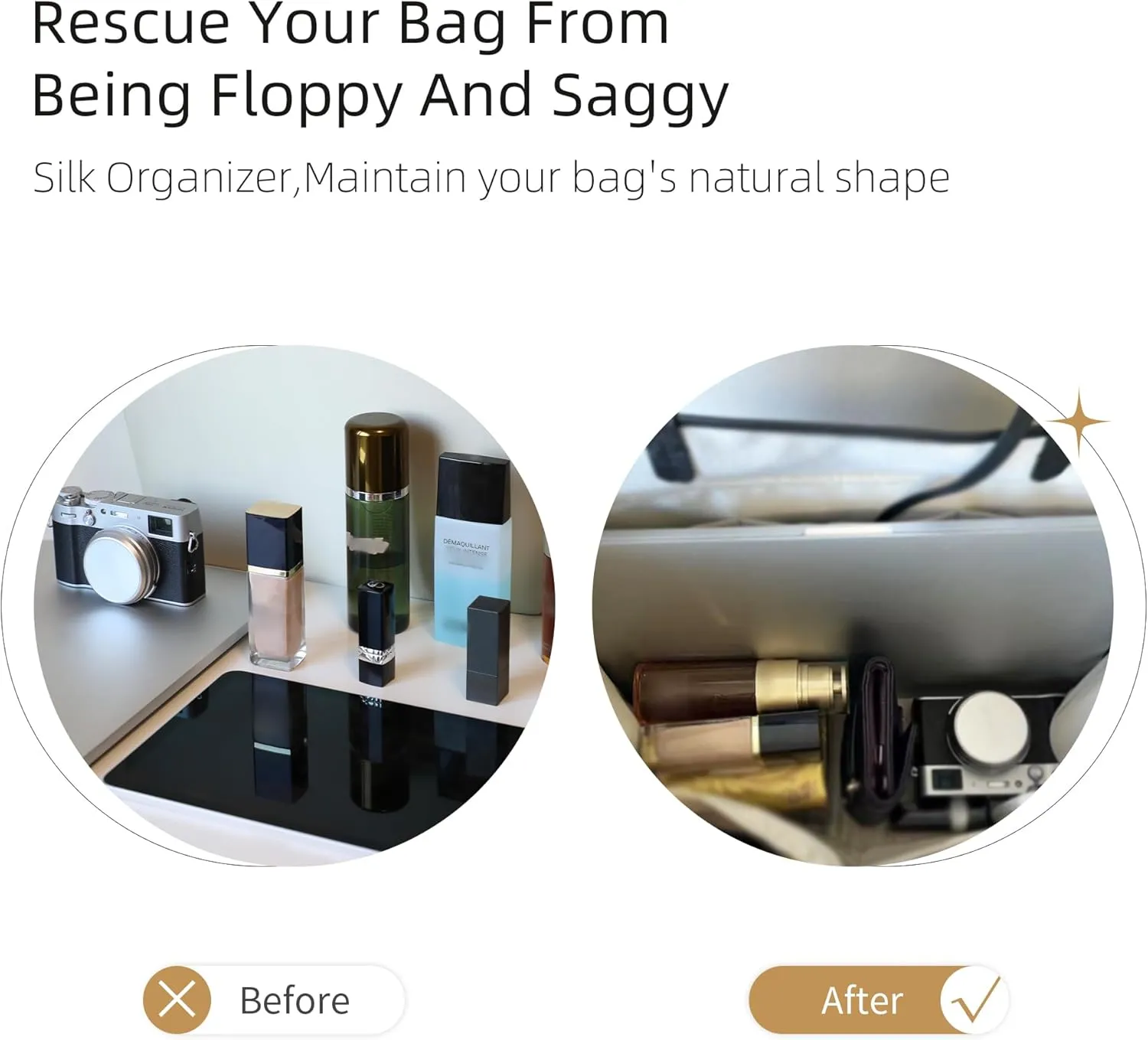 Silk Purse Organizer for Anjou Mini/PM/GM,Insert Bag in Bag,Luxury Handbag Tote Lining Bag Shapers(PM,Gold)