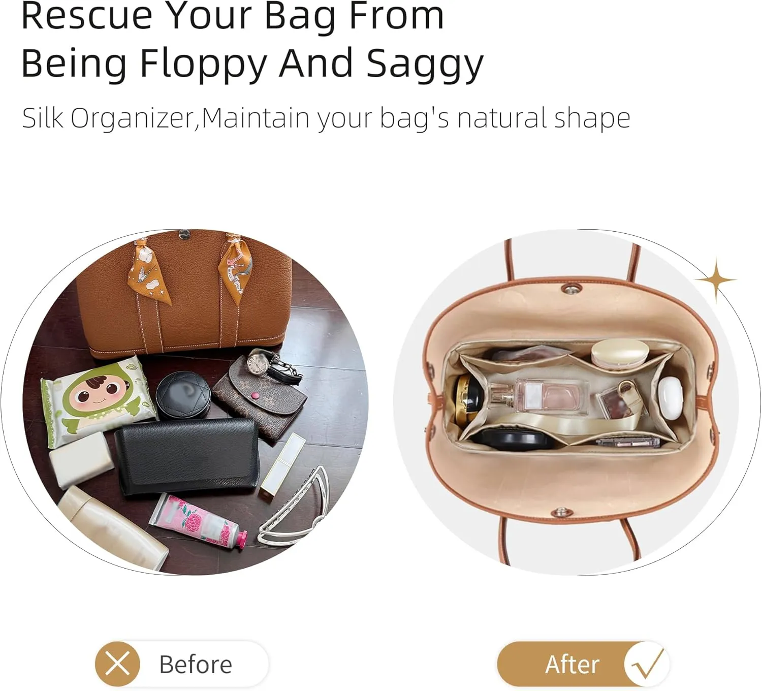 Silk Purse Organizer for Garden Party 26/30/36/49,Insert Bag in Bag,Luxury Handbag Tote Lining Bag Shapers（Gold,GP49）
