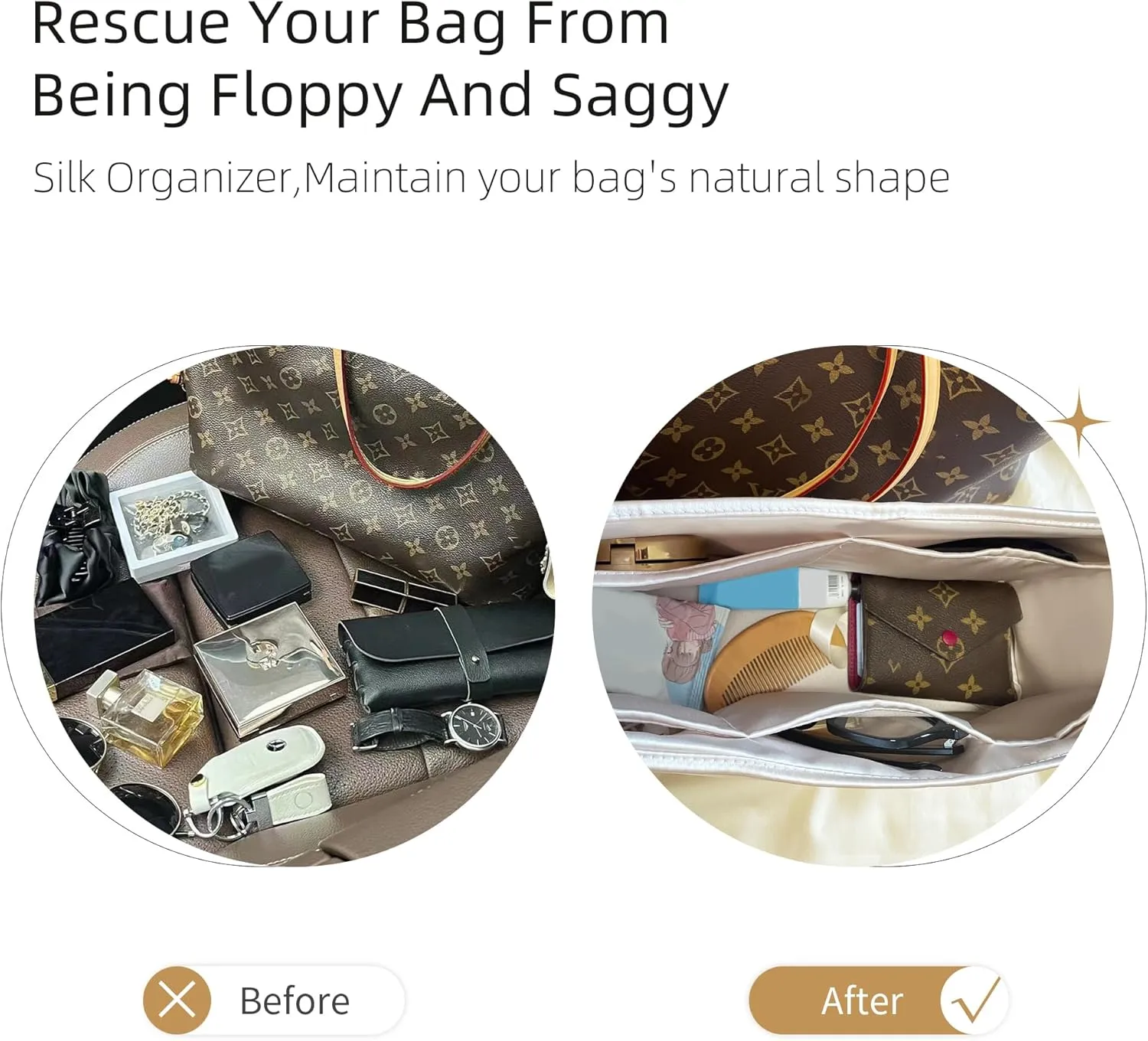 Silk Purse Organizer for LV Neverfull-PM/MM/GM,Insert Bag in Bag,Luxury Handbag Tote Lining Bag Shapers(MM,Gold)