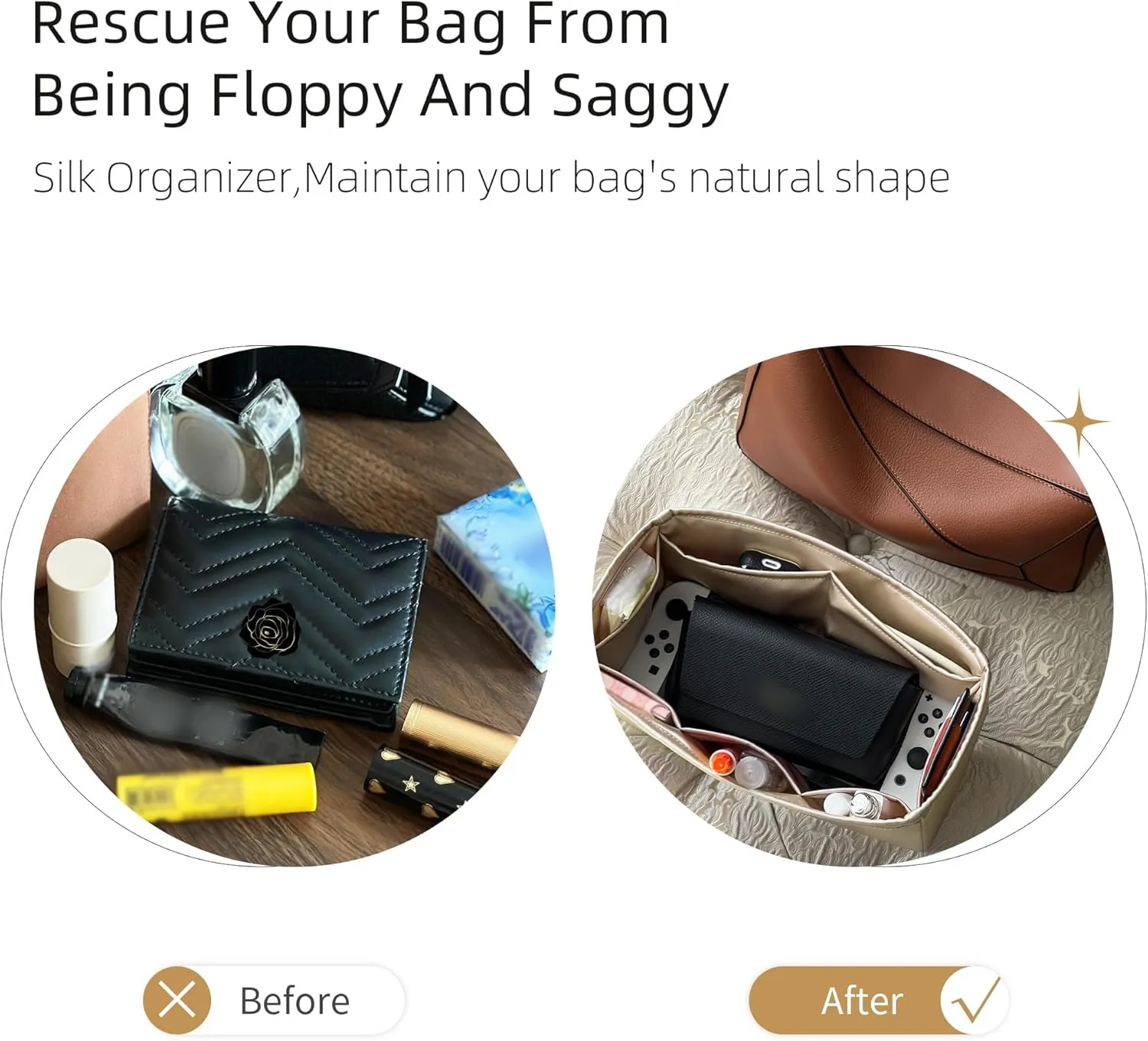 Silk Purse Organizer for Puzzle Mini/Small/Medium/Large,Insert in Bag,Luxury Handbag Tote Lining Bag Shapers(Champagne,Small)