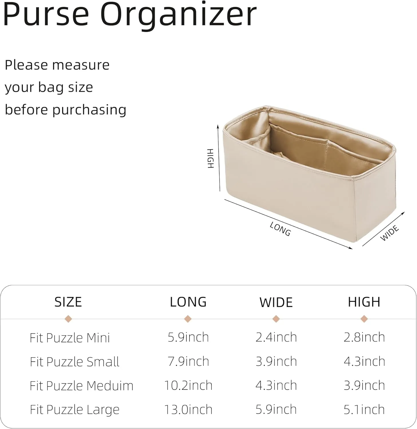 Silk Purse Organizer for Puzzle Mini/Small/Medium/Large,Insert in Bag,Luxury Handbag Tote Lining Bag Shapers(Champagne,Small)