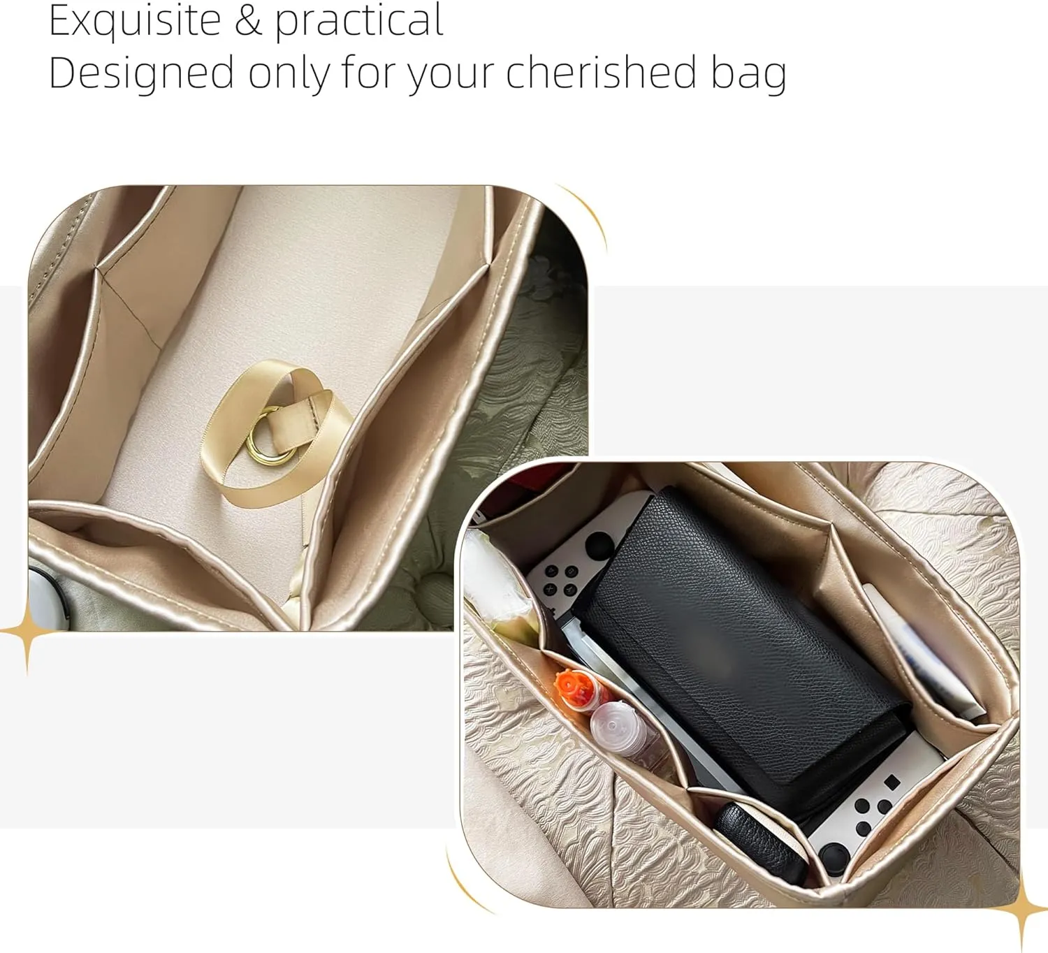 Silk Purse Organizer for Puzzle Mini/Small/Medium/Large,Insert in Bag,Luxury Handbag Tote Lining Bag Shapers(Champagne,Small)