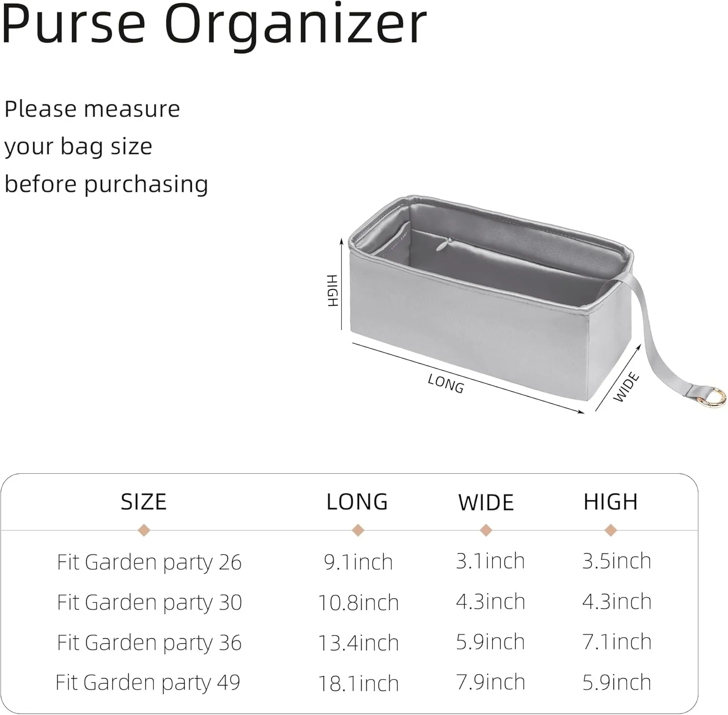 Silk Purse Organizer with Invisible Zipper for Garden Party 26/30/36/49,Insert Bag in Bag,Luxury Handbag Tote Lining Bag Shapers(GP30 with Zipper,Gris Meyer)