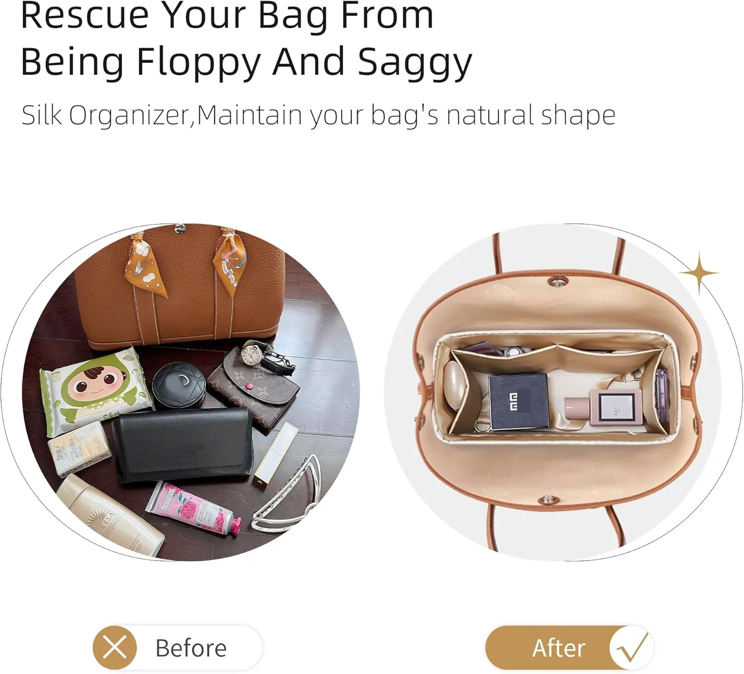 Silk Purse Organizer with Invisible Zipper for Garden Party 26/30/36/49,Insert Bag in Bag,Luxury Handbag Tote Lining Bag Shapers(GP30 with Zipper,Gris Meyer)