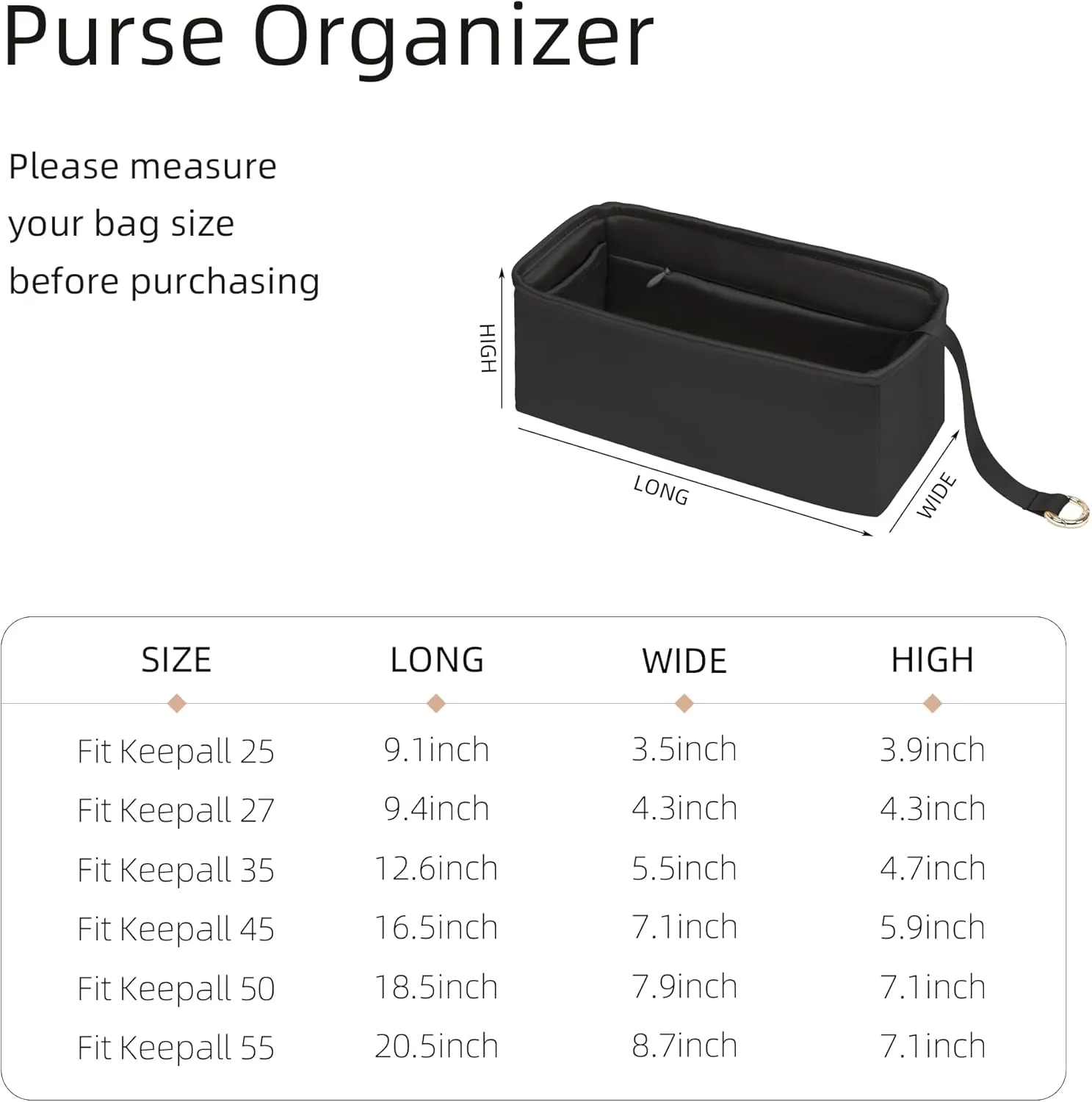 Silk Purse Organizer with Invisible Zipper for Keepall XS/25/27/35/45/50/55,Insert Bag in Bag,Luxury Handbag Tote Lining Bag Shapers(Keepall 35 with Zipper,Black)