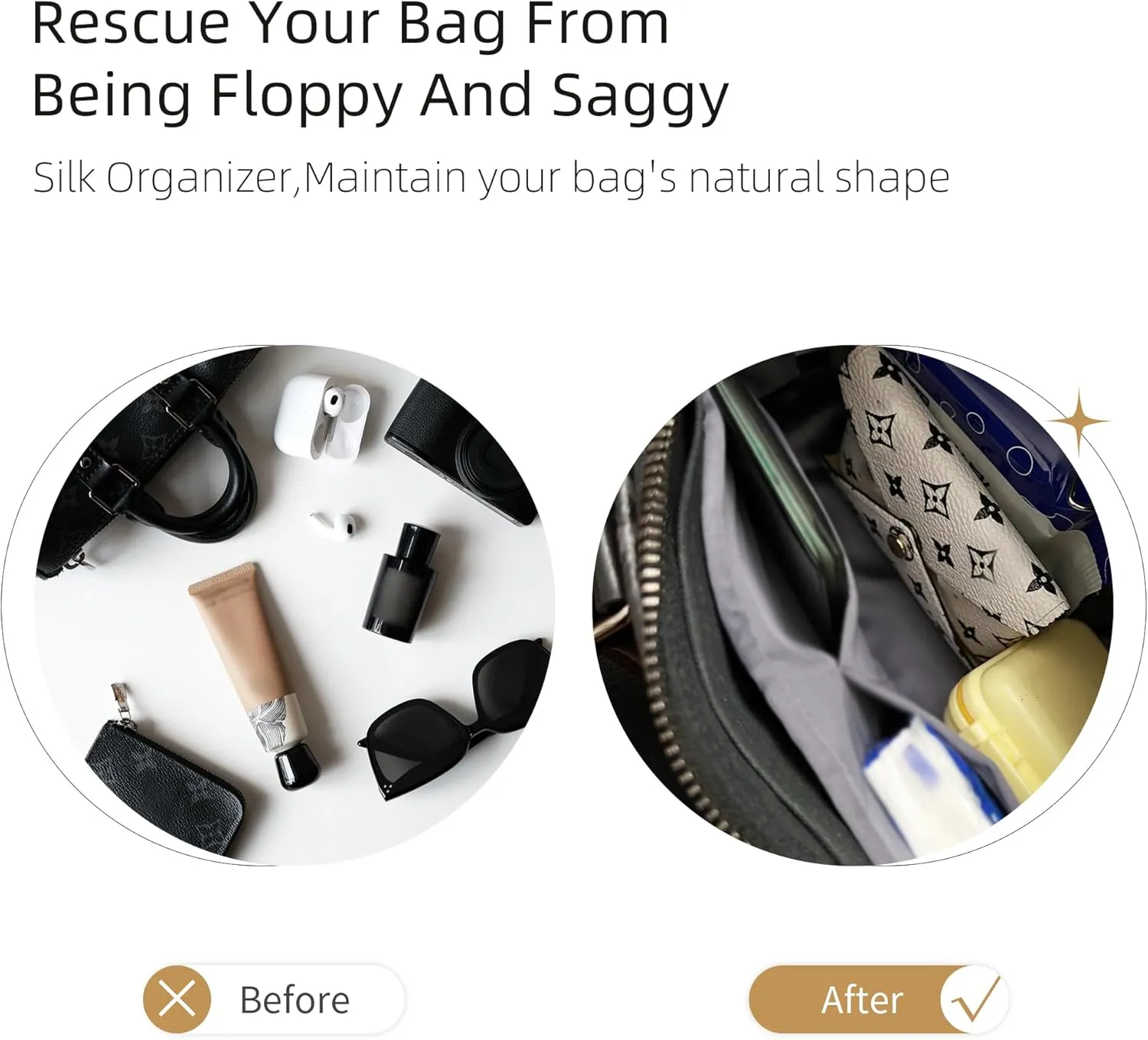 Silk Purse Organizer with Invisible Zipper for Keepall XS/25/27/35/45/50/55,Insert Bag in Bag,Luxury Handbag Tote Lining Bag Shapers(Keepall 35 with Zipper,Gold)