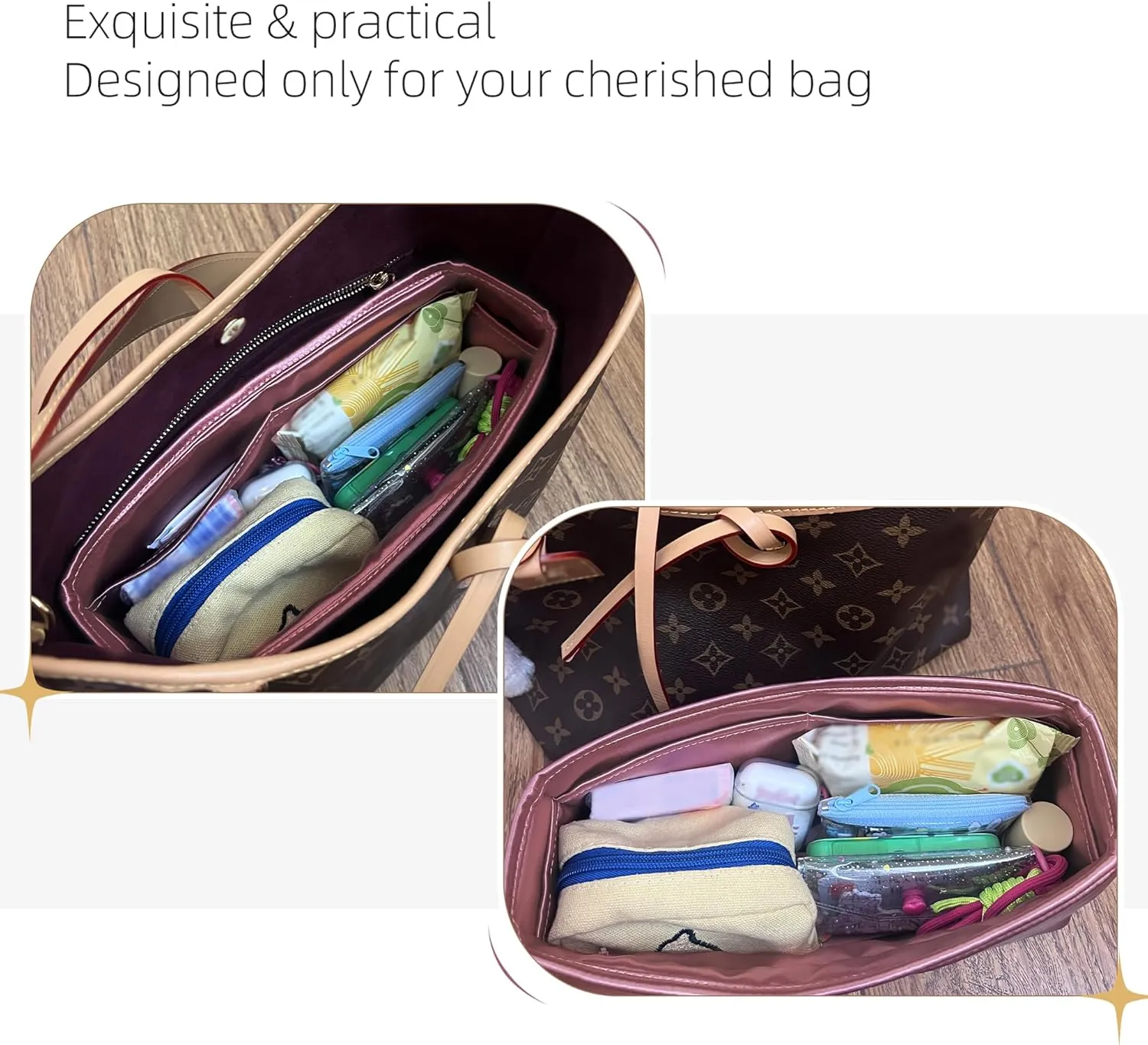 Silk Purse Organizer with Invisible Zipper for LV Carryall PM/MM,Insert Bag in Bag,Luxury Handbag Tote Lining Bag Shapers(MM with Zipper,Cassis)