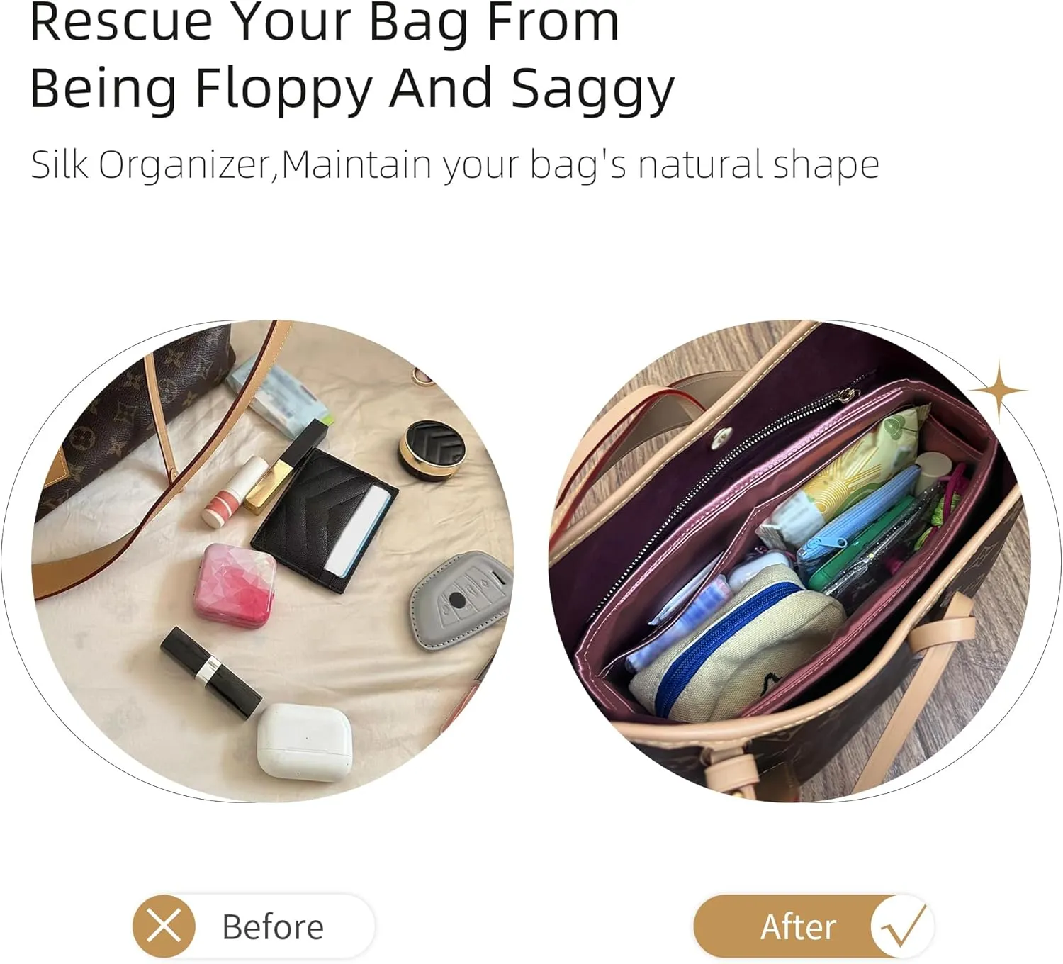 Silk Purse Organizer with Invisible Zipper for LV Carryall PM/MM,Insert Bag in Bag,Luxury Handbag Tote Lining Bag Shapers(MM with Zipper,Cassis)