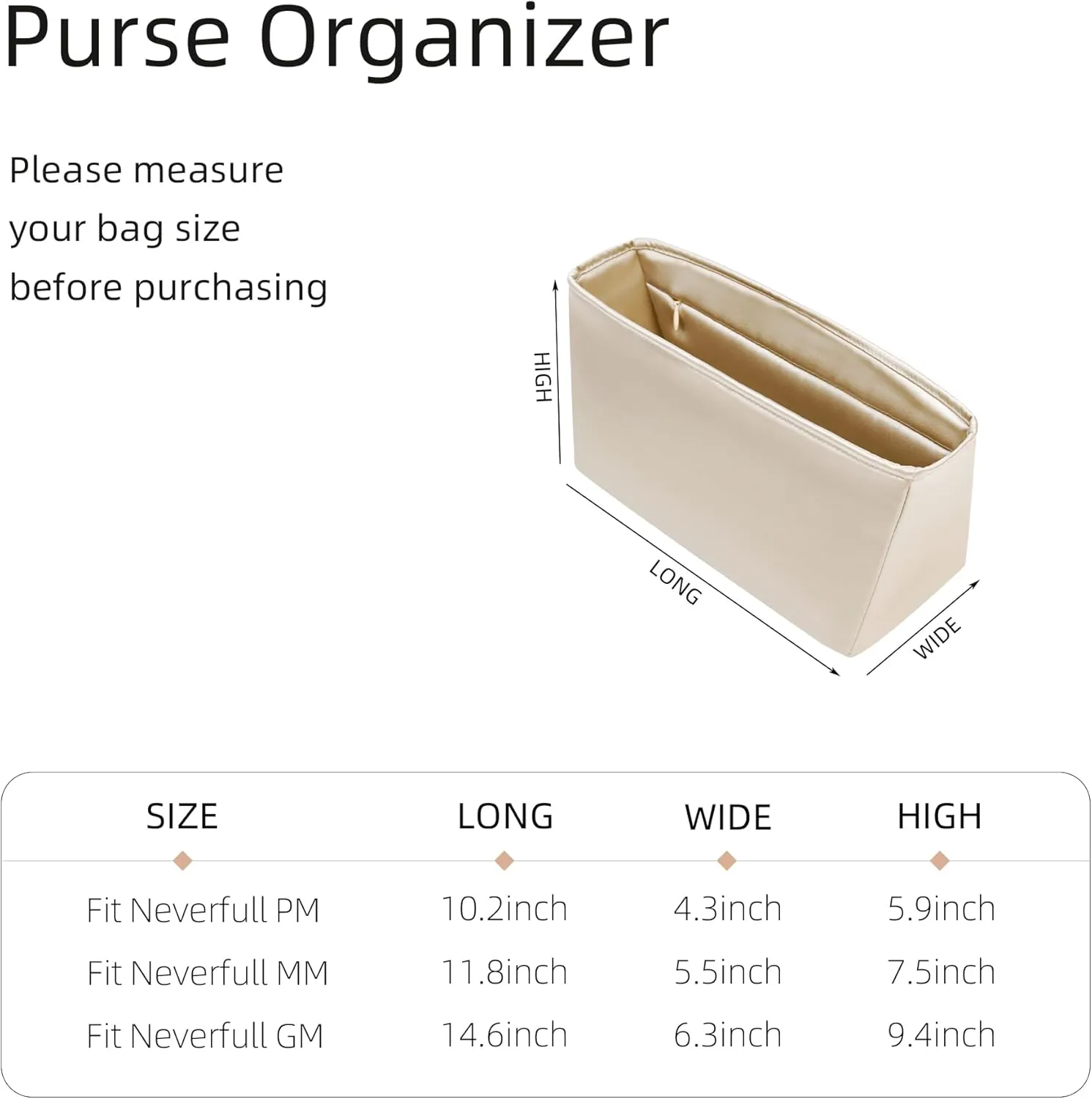 Silk Purse Organizer with Invisible Zipper for LV Neverfull-PM/MM/GM,Insert Bag in Bag,Luxury Handbag Tote Lining Bag Shapers(MM with Zipper,Champagne)