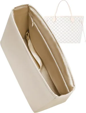 Silk Purse Organizer with Invisible Zipper for LV Neverfull-PM/MM/GM,Insert Bag in Bag,Luxury Handbag Tote Lining Bag Shapers(MM with Zipper,Champagne)