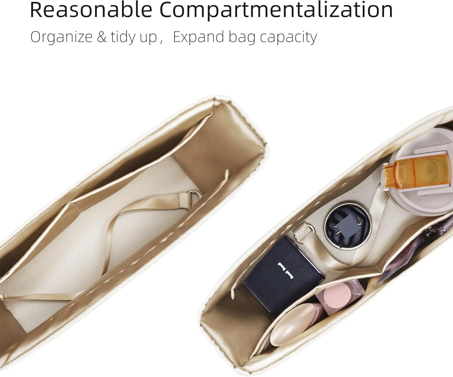 Silk Purse Organizer with Invisible Zipper for LV Neverfull-PM/MM/GM,Insert Bag in Bag,Luxury Handbag Tote Lining Bag Shapers(MM with Zipper,Champagne)