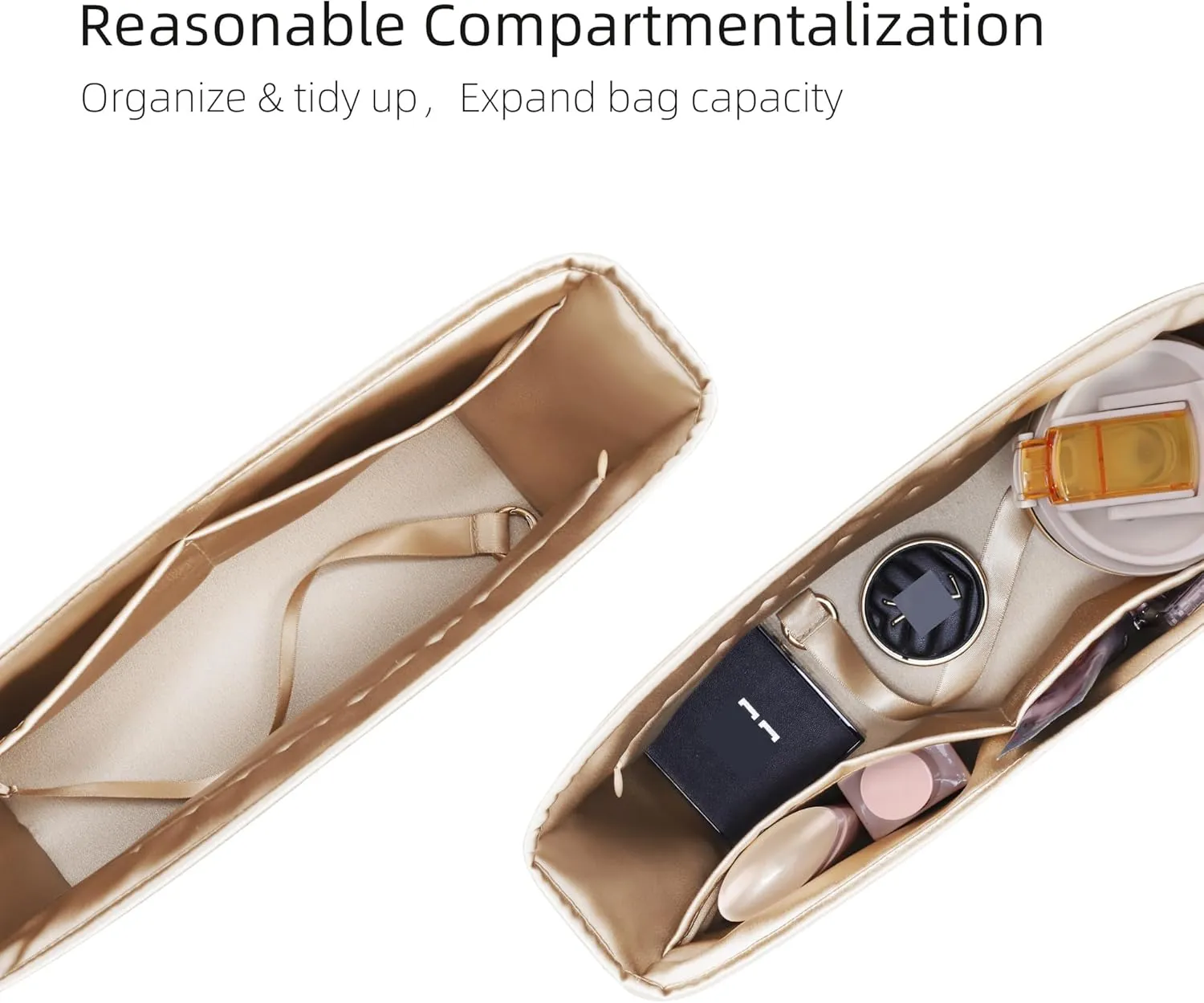 Silk Purse Organizer with Invisible Zipper for LV Neverfull-PM/MM/GM,Insert Bag in Bag,Luxury Handbag Tote Lining Bag Shapers(MM with Zipper,Champagne)
