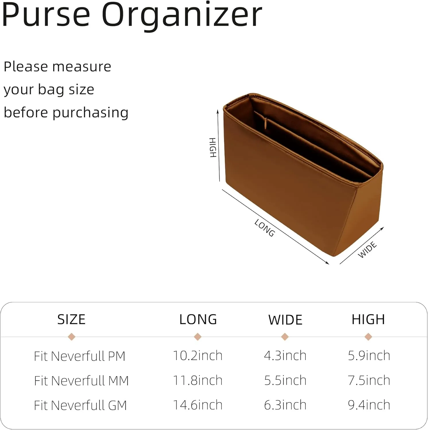 Silk Purse Organizer with Invisible Zipper for LV Neverfull-PM/MM/GM,Insert in Bag,Luxury Handbag Tote Lining Bag Shapers(MM with Zipper,Gold)