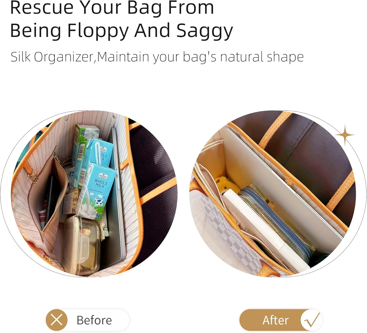 Silk Purse Organizer with Invisible Zipper for LV Neverfull-PM/MM/GM,Insert in Bag,Luxury Handbag Tote Lining Bag Shapers(MM with Zipper,Gold)