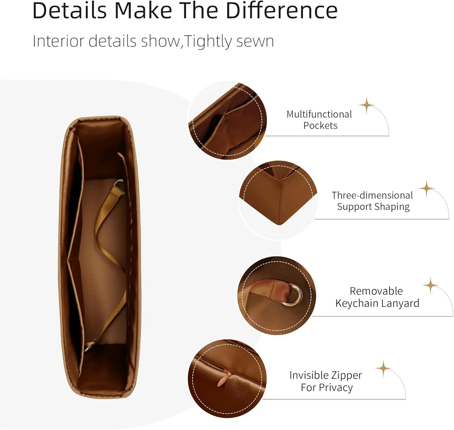 Silk Purse Organizer with Invisible Zipper for LV Neverfull-PM/MM/GM,Insert in Bag,Luxury Handbag Tote Lining Bag Shapers(MM with Zipper,Gold)