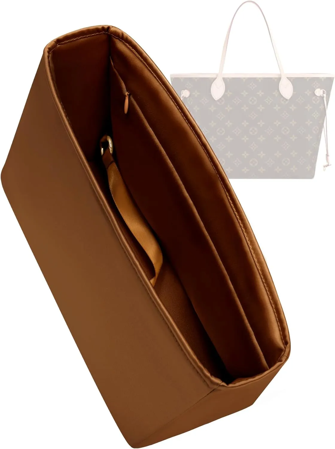 Silk Purse Organizer with Invisible Zipper for LV Neverfull-PM/MM/GM,Insert in Bag,Luxury Handbag Tote Lining Bag Shapers(MM with Zipper,Gold)