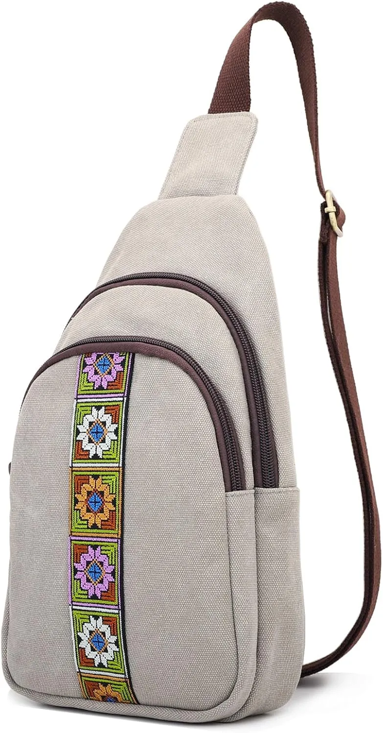 SILKAREA Canvas Sling Bag for Wome Crossbody Purse Small Sling Backpack Purse Travel Hiking Chest Bag Daypack