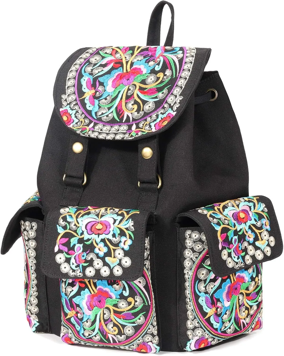 SILKAREA Vintage Embroidered Backpack Purse for Women Handbag Canvas Shoulder Bag Ethnic Boho Travel Backpack (Black S2) Large