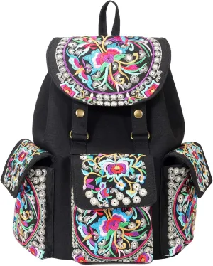SILKAREA Vintage Embroidered Backpack Purse for Women Handbag Canvas Shoulder Bag Ethnic Boho Travel Backpack (Black S2) Large