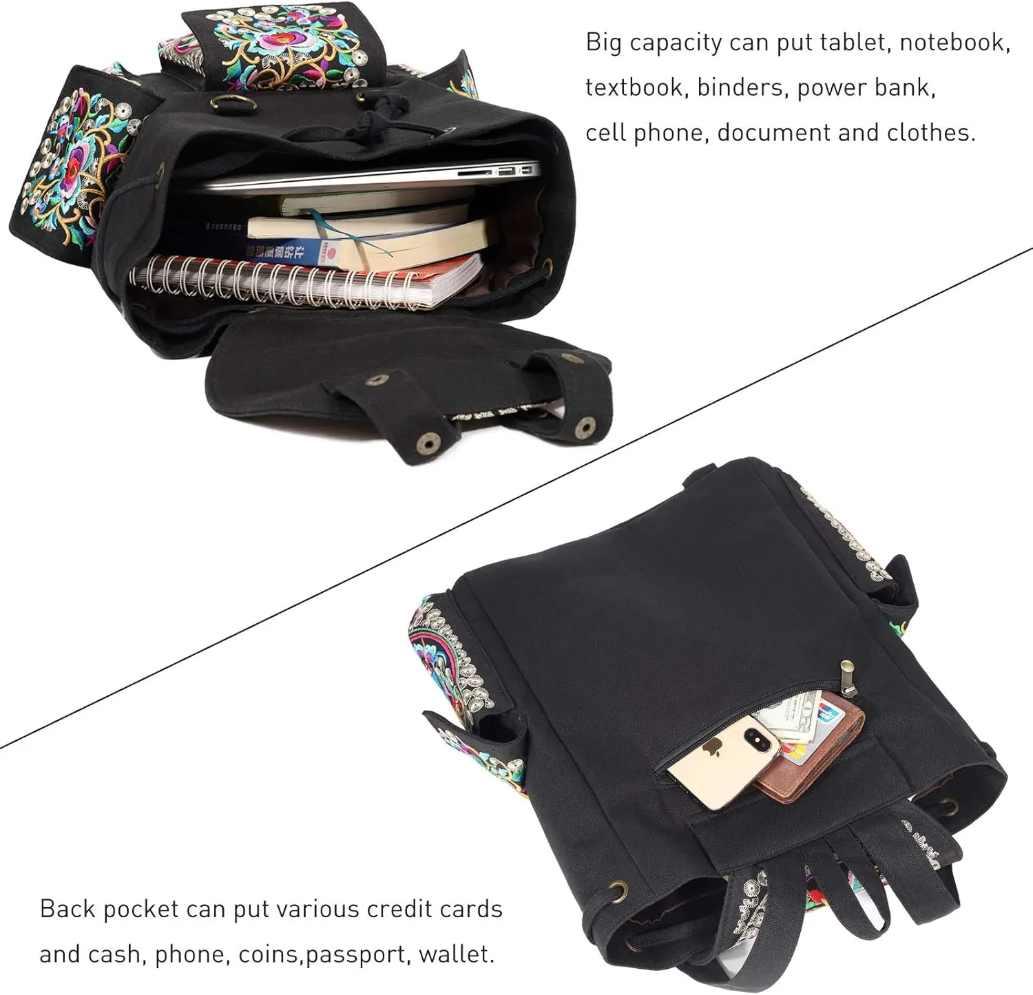 SILKAREA Vintage Embroidered Backpack Purse for Women Handbag Canvas Shoulder Bag Ethnic Boho Travel Backpack (Black S2) Large