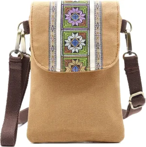 SILKAREA Vintage Embroidered Canvas Flip Small Crossbody Bag Cell Phone Pouch for Women Wristlet Wallet Bag Coin Purse