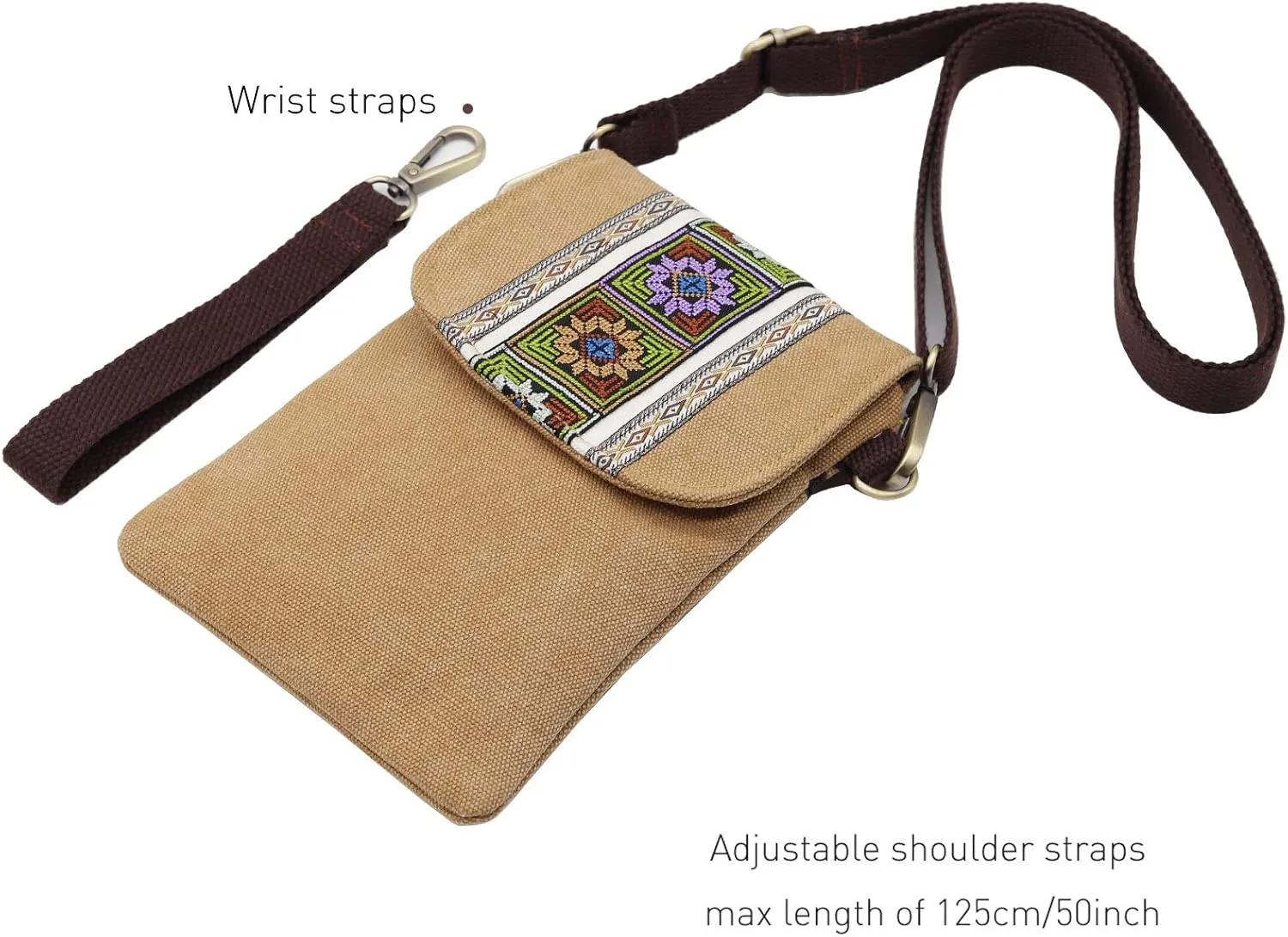 SILKAREA Vintage Embroidered Canvas Flip Small Crossbody Bag Cell Phone Pouch for Women Wristlet Wallet Bag Coin Purse