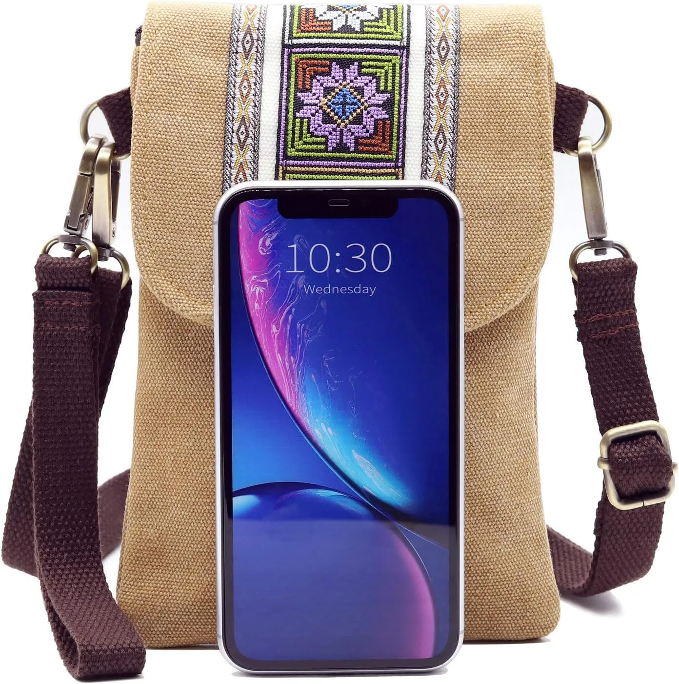SILKAREA Vintage Embroidered Canvas Flip Small Crossbody Bag Cell Phone Pouch for Women Wristlet Wallet Bag Coin Purse