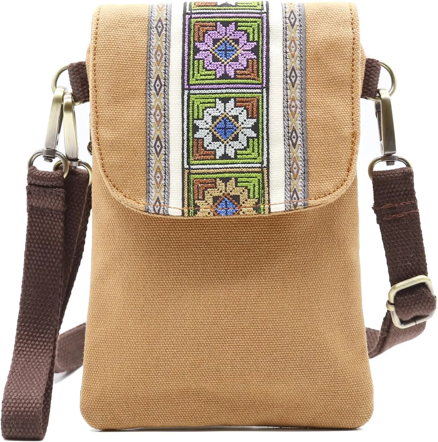 SILKAREA Vintage Embroidered Canvas Flip Small Crossbody Bag Cell Phone Pouch for Women Wristlet Wallet Bag Coin Purse