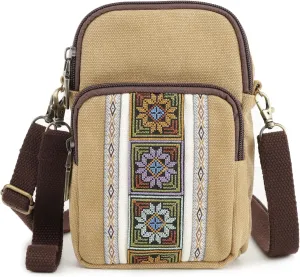 SILKAREA Women Canvas Cell Phone Purse Crossbody Bag Embroidered Small Shoulder Bags Handbags Credit Card Wallet Pouch