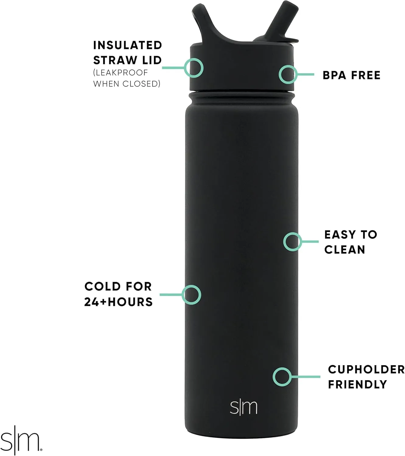 Simple Modern Water Bottle with Straw Lid Vacuum Insulated Stainless Steel Metal Thermos Bottles | Reusable Leak Proof BPA-Free Flask for Gym Sports | Summit Collection | 22oz, Midnight Black