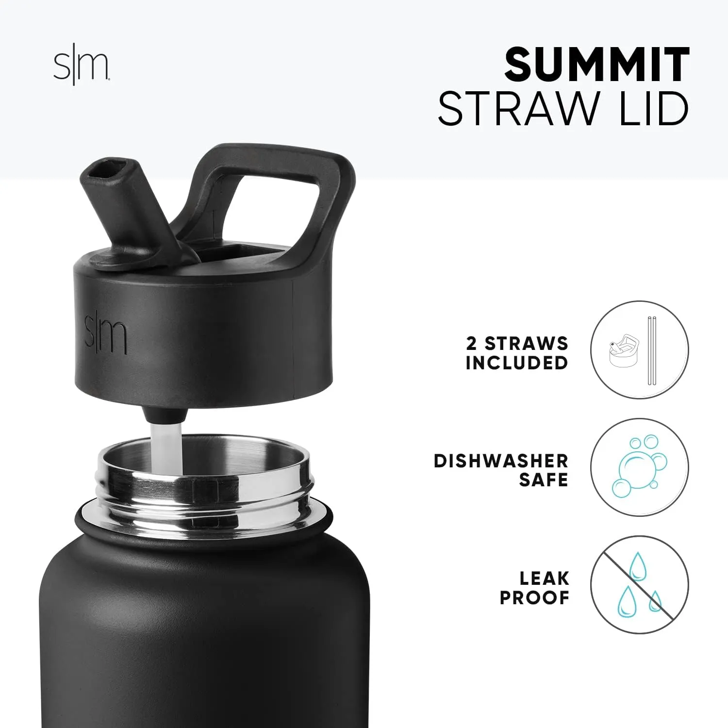 Simple Modern Water Bottle with Straw Lid Vacuum Insulated Stainless Steel Metal Thermos Bottles | Reusable Leak Proof BPA-Free Flask for Gym Sports | Summit Collection | 22oz, Midnight Black