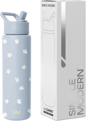 Simple Modern Water Bottle with Straw Lid | Vacuum Insulated Stainless Steel Metal Thermos | Reusable Leak Proof BPA-Free Flask for Sports Gym | Summit Collection | 30oz, Sweet Daisy on Blue