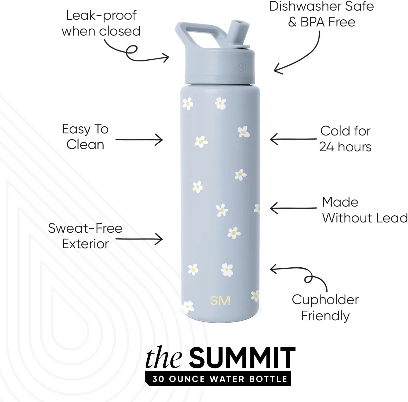 Simple Modern Water Bottle with Straw Lid | Vacuum Insulated Stainless Steel Metal Thermos | Reusable Leak Proof BPA-Free Flask for Sports Gym | Summit Collection | 30oz, Sweet Daisy on Blue