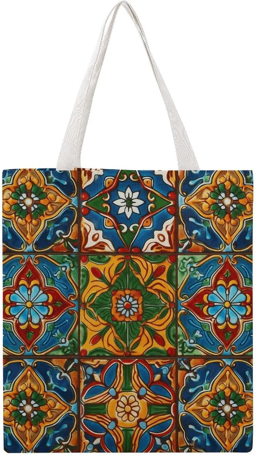 Single-sided Mexican Ceramic Tile Printed Canvas Tote Bag,print Reusable Tote Bag,office Worker Portable Tote Bag