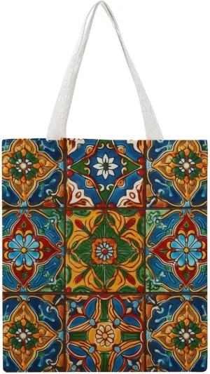 Single-sided Mexican Ceramic Tile Printed Canvas Tote Bag,print Reusable Tote Bag,office Worker Portable Tote Bag
