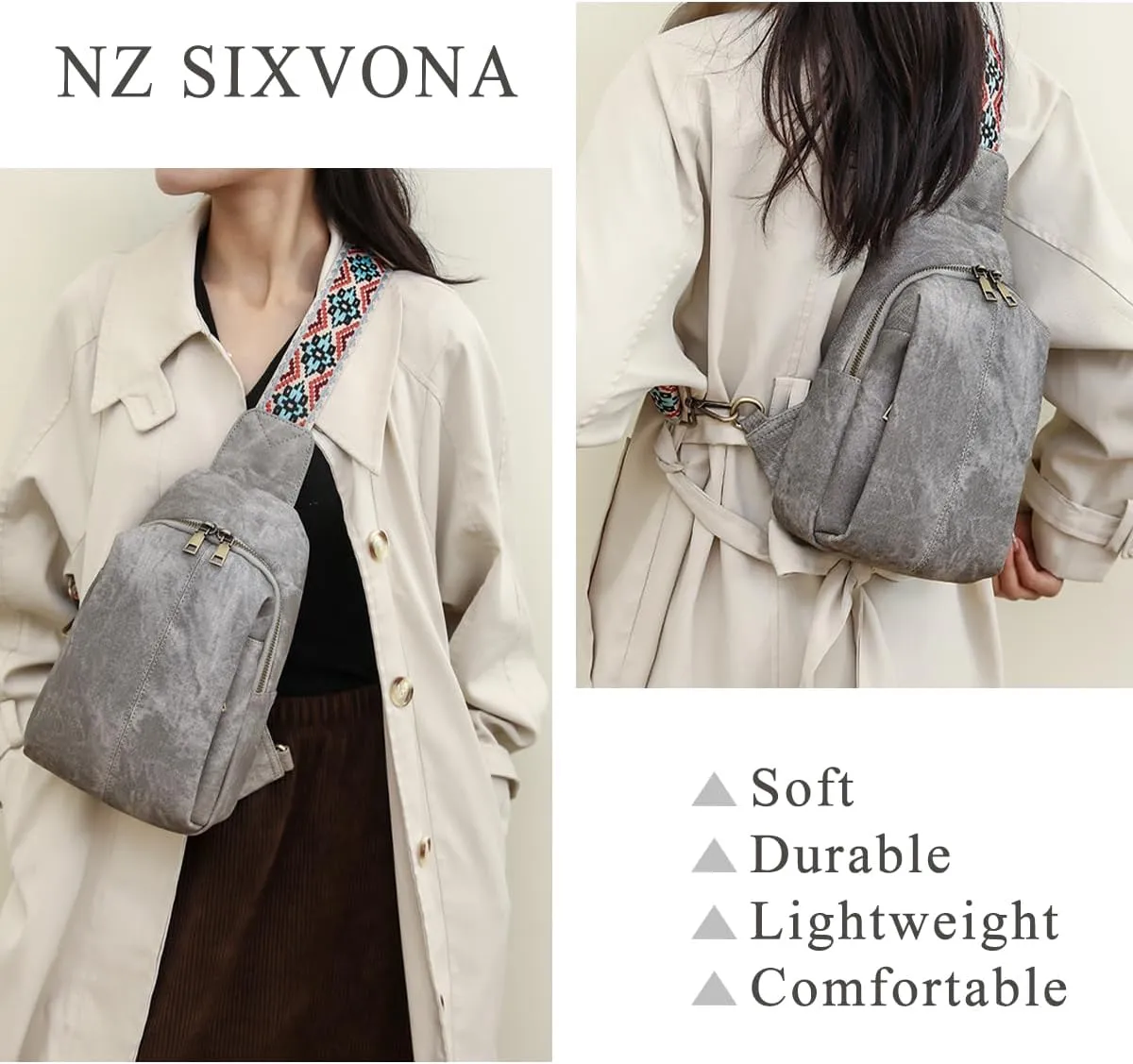 SIXVONA Sling Bag for Women, Leather Crossbody Bags Soft Leather Fanny Pack Chest Bag for Travel, Work, Sport, Outdoor