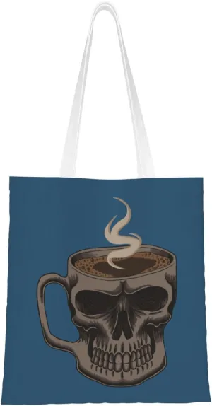 Skeleton Teacup Tote Bag for Women Canvas Shopping Bags Reusable Large Capacity Casual Shoulder Handbags Grocery Bags DIY Gift Bags