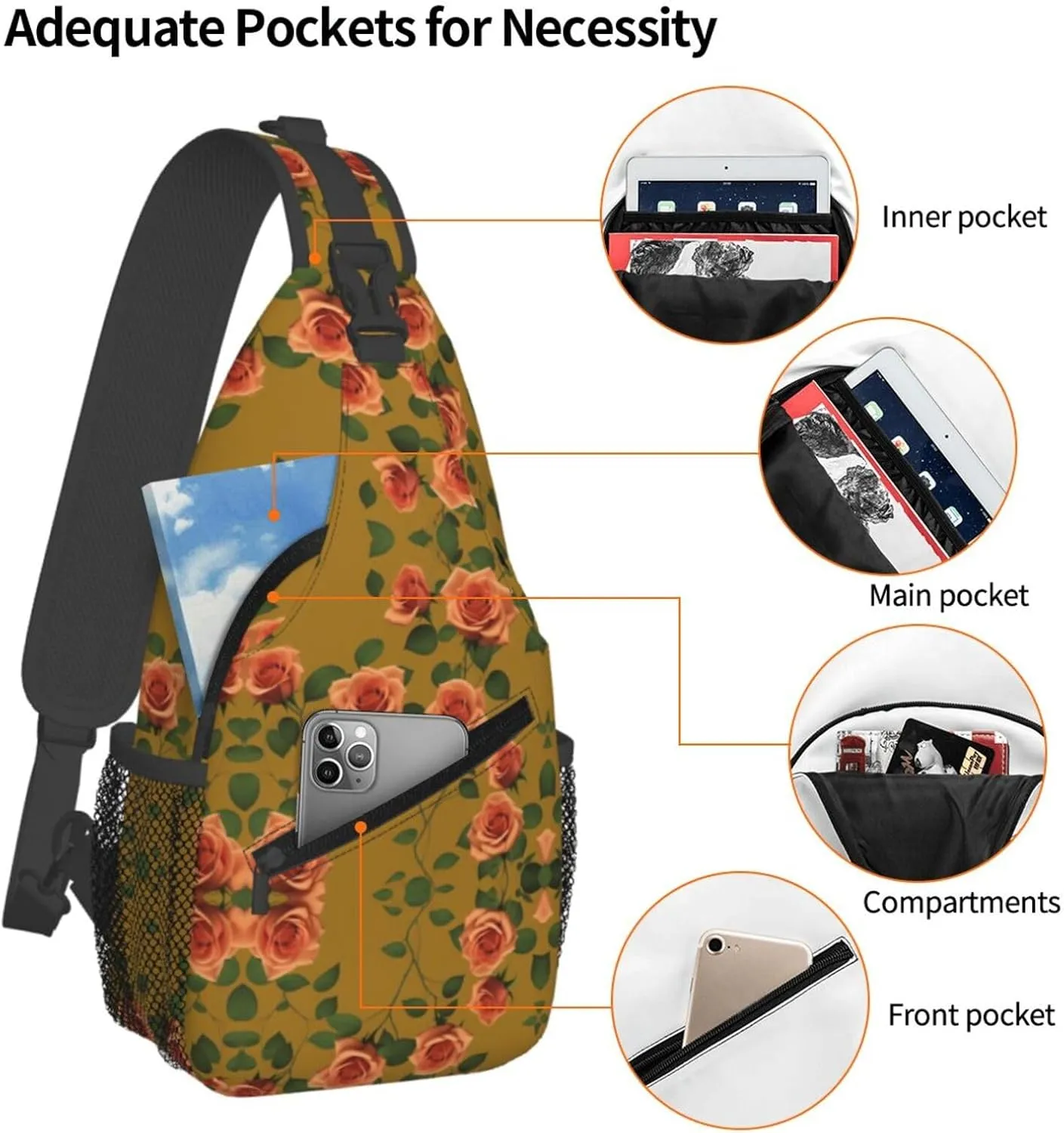 Skull With Flowers Sling Bag For Women Mencross Sling Bag Fashion Crossbody Shoulder Bag Chest Bag For Hiking Travel