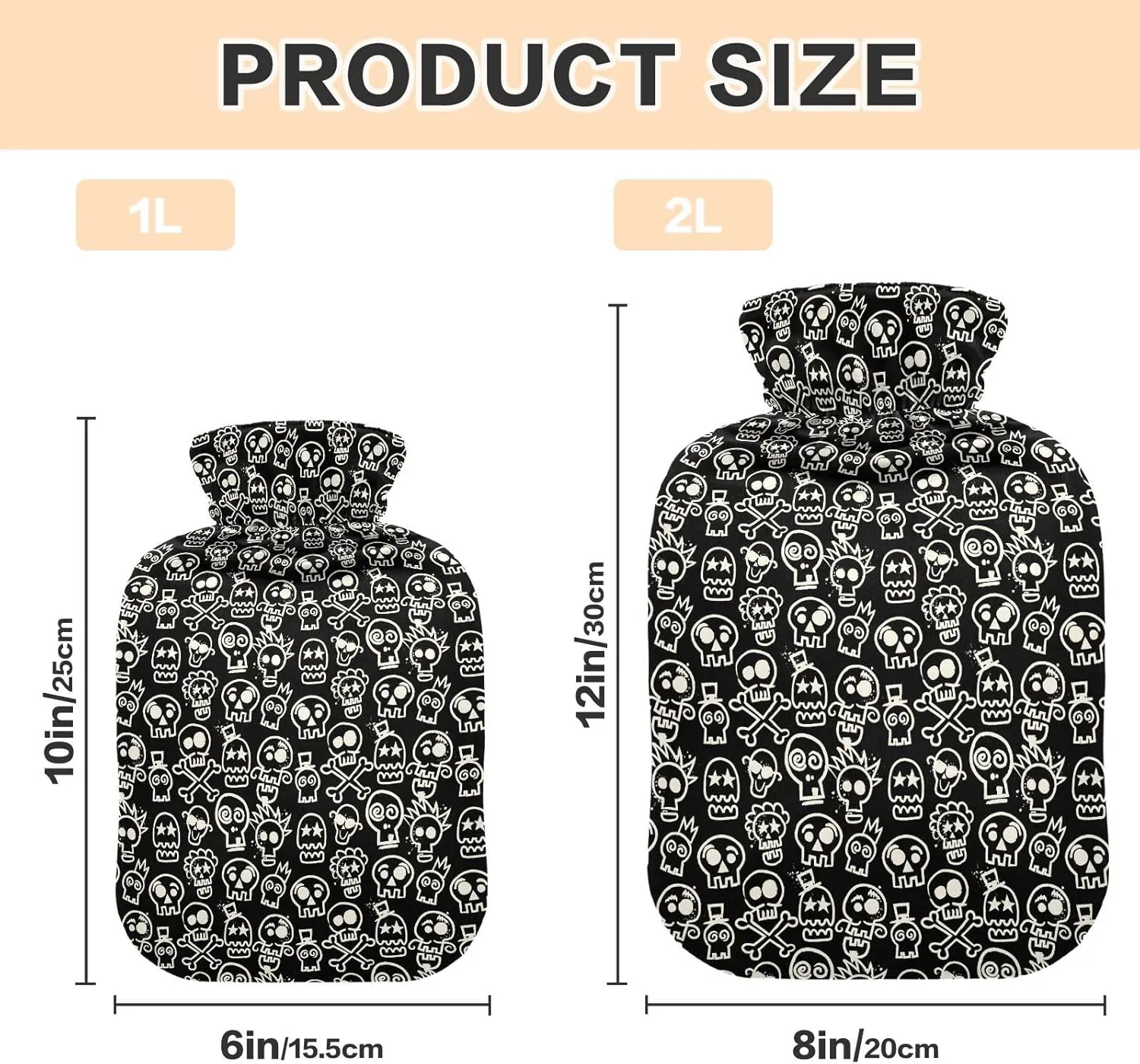 Skulls Black Hot Water Bottle with Cute Cover 2L Winter Hot Water Bag Warm Water Bag for Menstrual Cramps, Neck and Shoulder Pain Relief