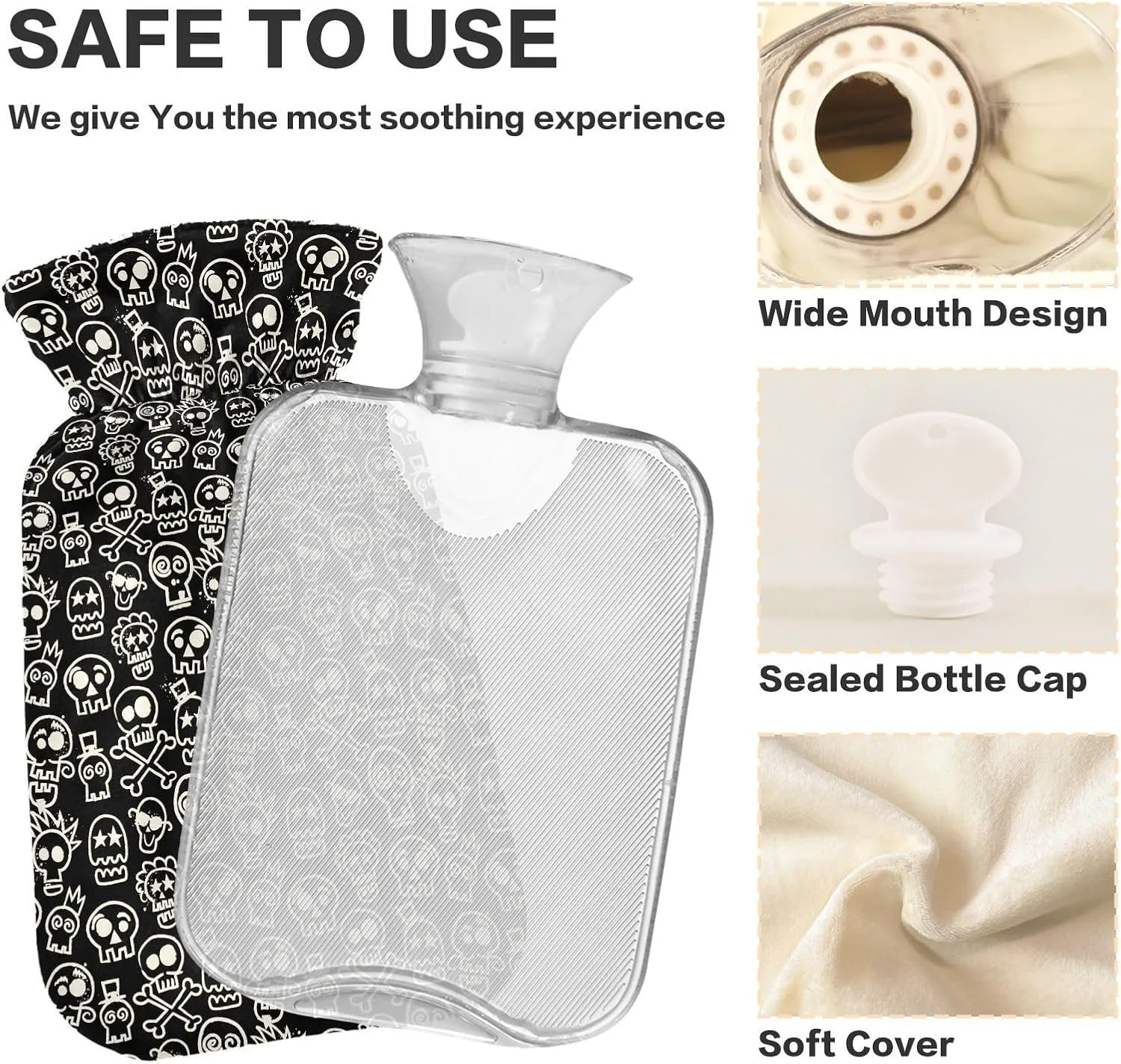 Skulls Black Hot Water Bottle with Cute Cover 2L Winter Hot Water Bag Warm Water Bag for Menstrual Cramps, Neck and Shoulder Pain Relief