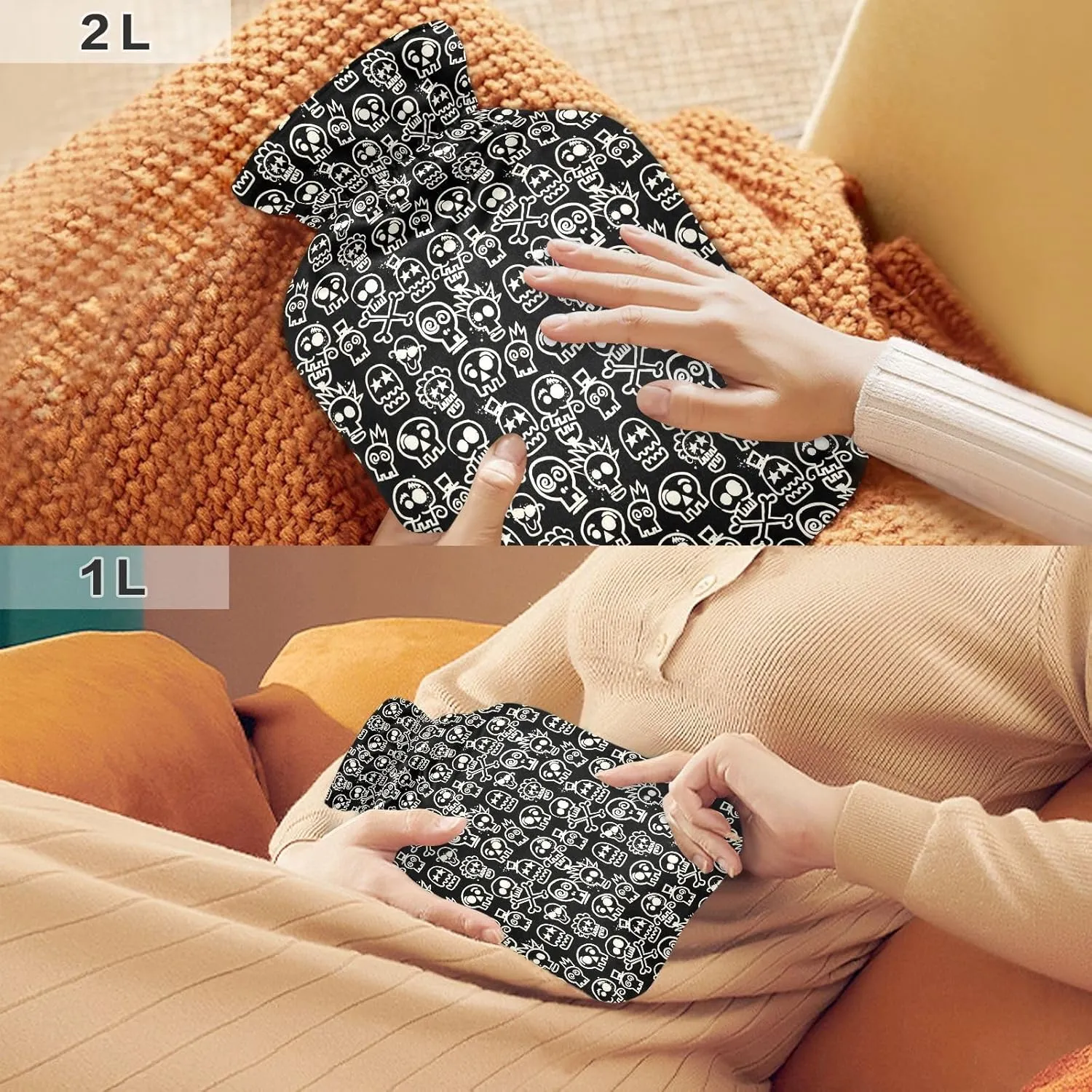Skulls Black Hot Water Bottle with Cute Cover 2L Winter Hot Water Bag Warm Water Bag for Menstrual Cramps, Neck and Shoulder Pain Relief