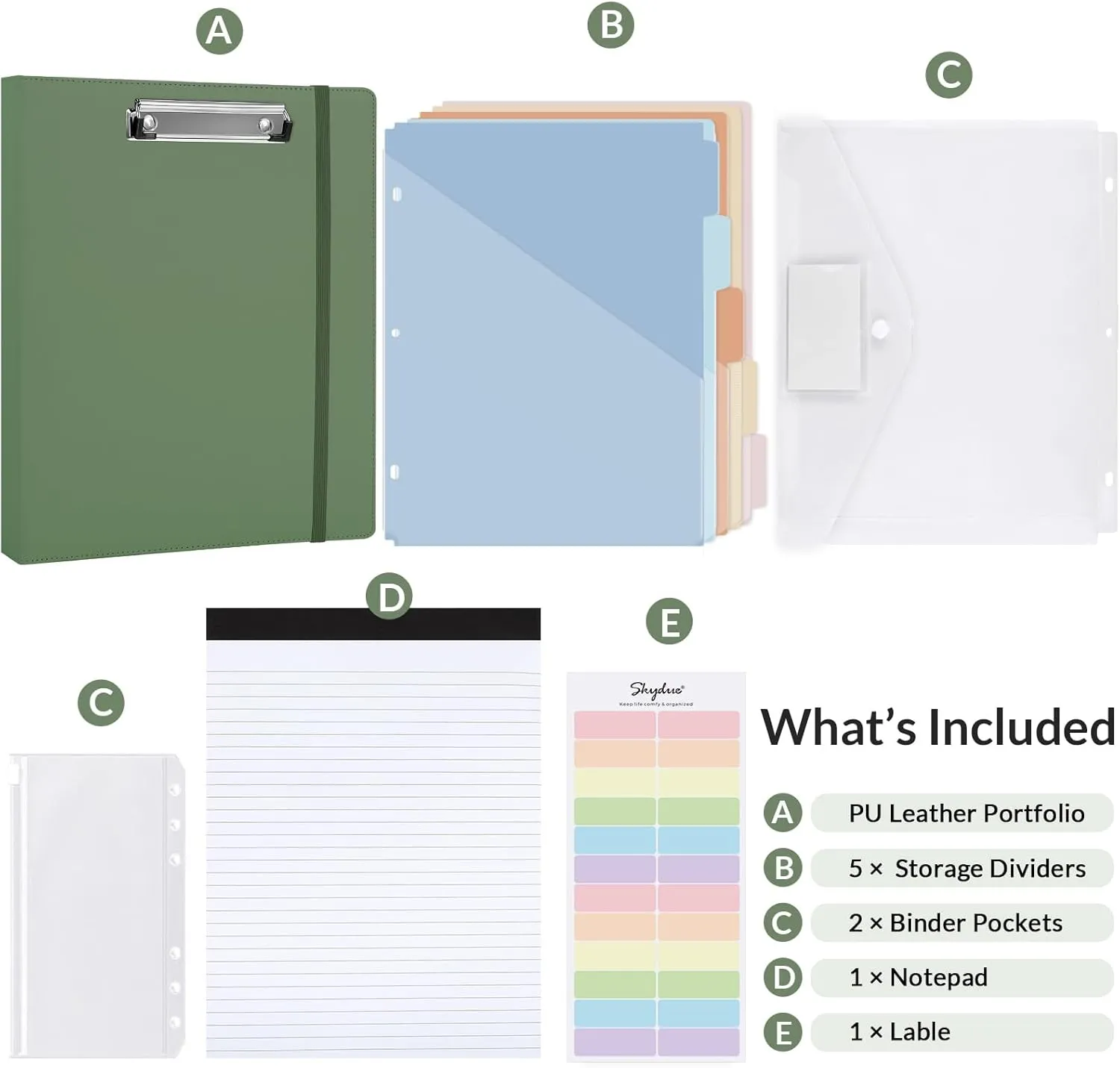SKYDUE 3 Ring Binder with Clipboard,1 Inch Binder, 13.2" × 10.2" PU Clipboard Binder with Notepad & 5 Dividers with 5 Pockets, Labels, Clipboard Folder Great for School Office(Fit Letter Sized Paper)