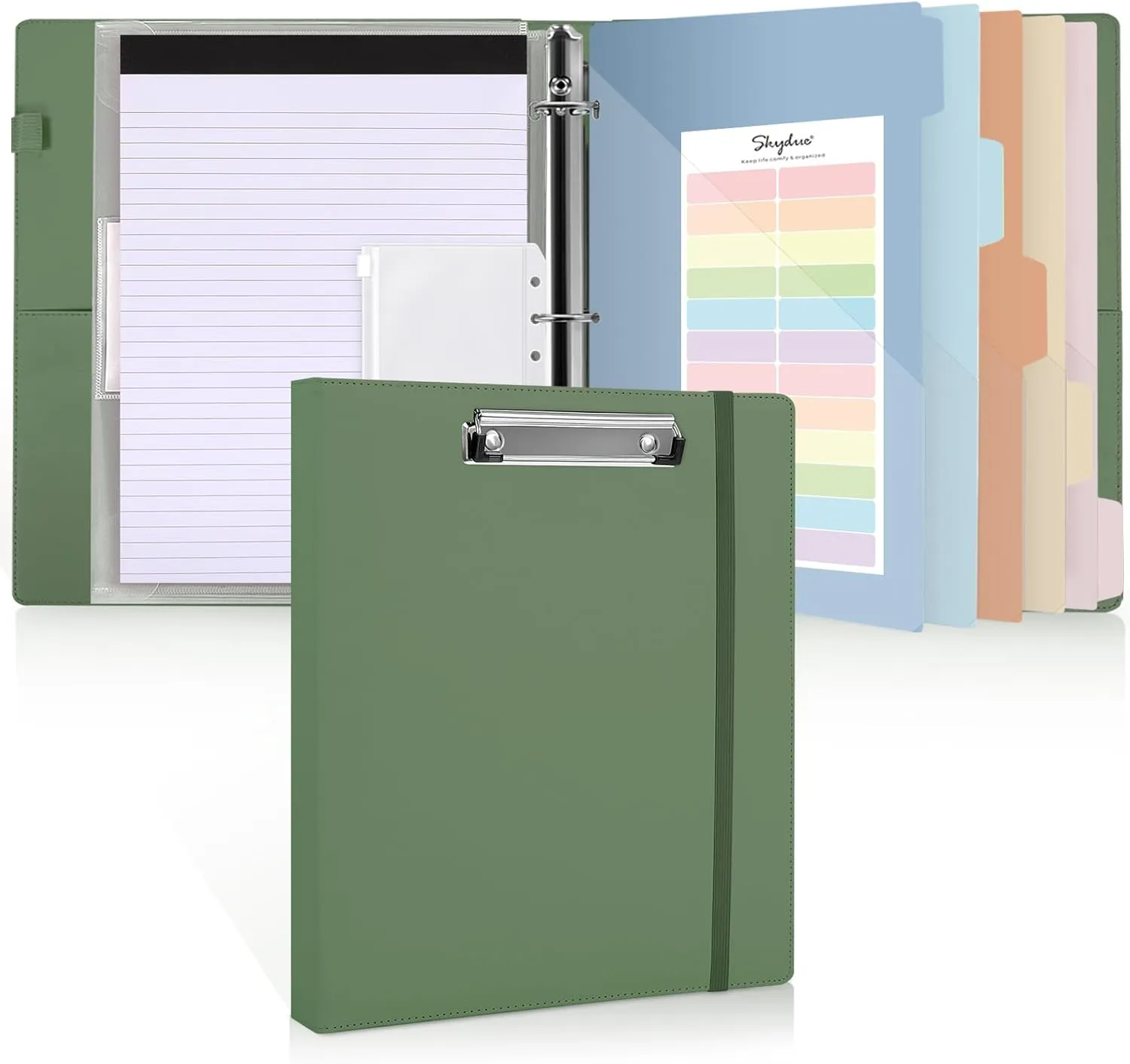 SKYDUE 3 Ring Binder with Clipboard,1 Inch Binder, 13.2" × 10.2" PU Clipboard Binder with Notepad & 5 Dividers with 5 Pockets, Labels, Clipboard Folder Great for School Office(Fit Letter Sized Paper)