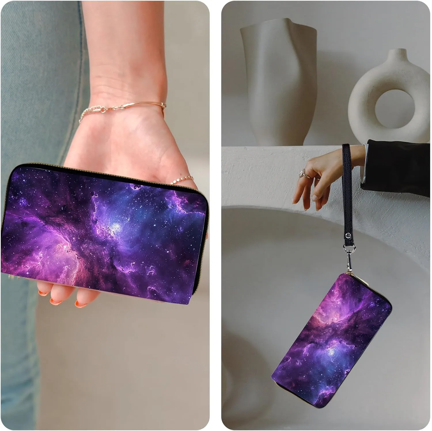 Slim Cute Zipper Wristlet Wallet for Women with RFID Blocking, PU Leather Clutch Credit Card Holder Purse, Ladies Glitter Galaxy Starry