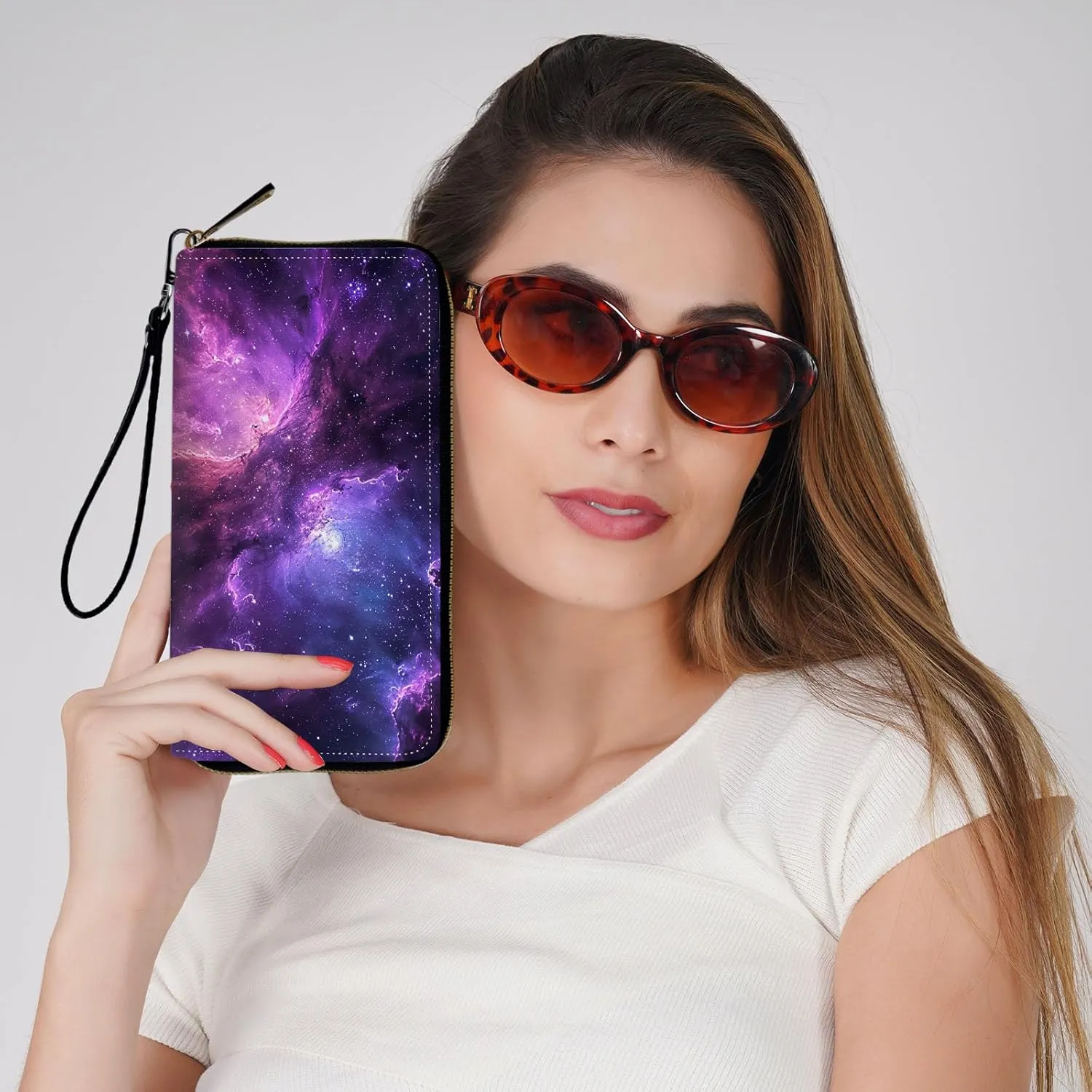 Slim Cute Zipper Wristlet Wallet for Women with RFID Blocking, PU Leather Clutch Credit Card Holder Purse, Ladies Glitter Galaxy Starry
