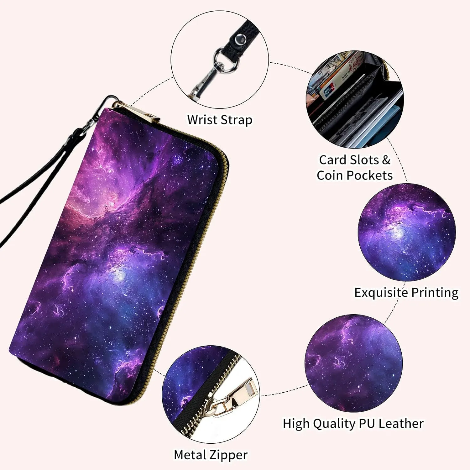 Slim Cute Zipper Wristlet Wallet for Women with RFID Blocking, PU Leather Clutch Credit Card Holder Purse, Ladies Glitter Galaxy Starry
