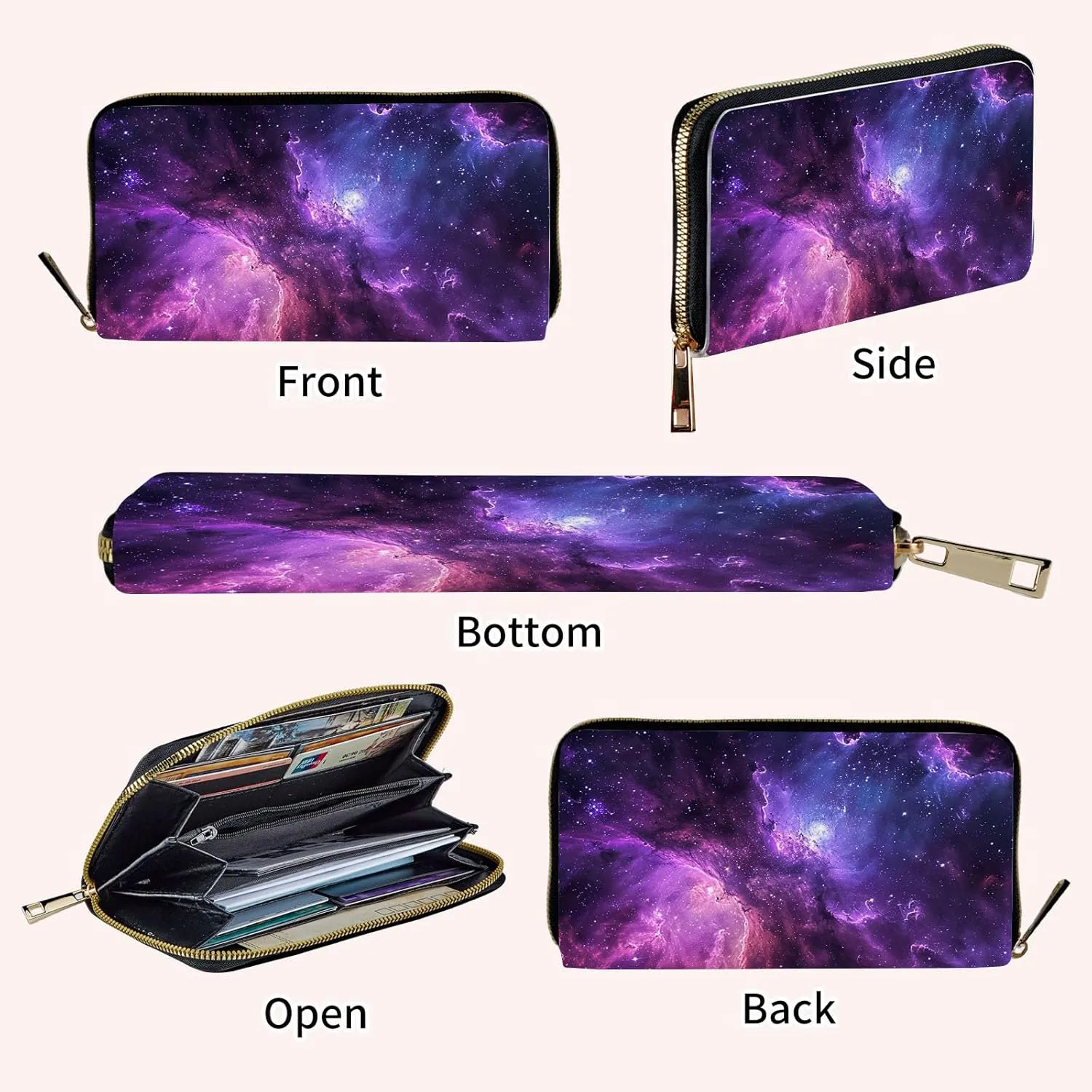 Slim Cute Zipper Wristlet Wallet for Women with RFID Blocking, PU Leather Clutch Credit Card Holder Purse, Ladies Glitter Galaxy Starry