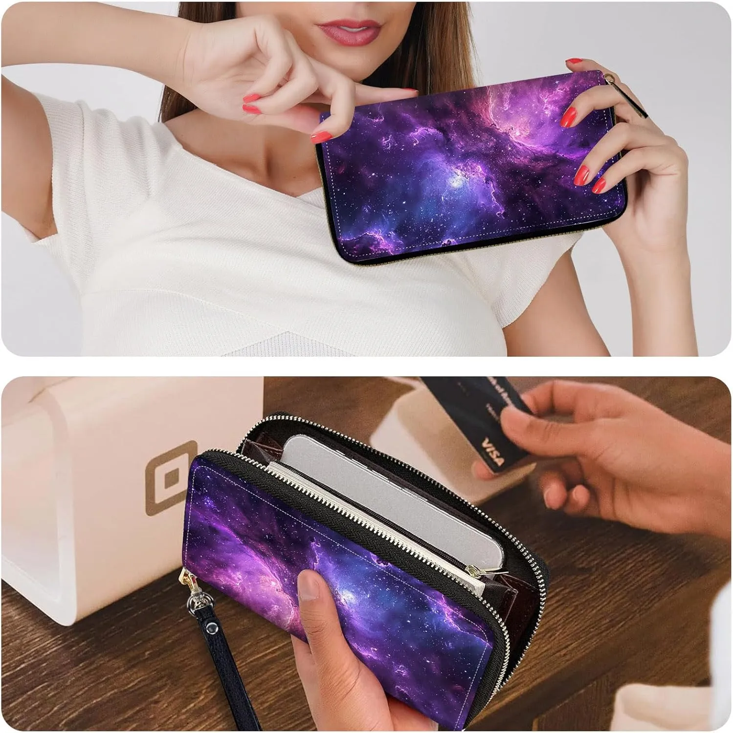 Slim Cute Zipper Wristlet Wallet for Women with RFID Blocking, PU Leather Clutch Credit Card Holder Purse, Ladies Glitter Galaxy Starry